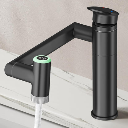 Transform Your Bathroom with the 1080° Rotatable Single Hole Faucet Featuring Real-Time Temperature Display and Adjustable Height - Sleek Black LED Basin Faucet for Ultimate Convenience