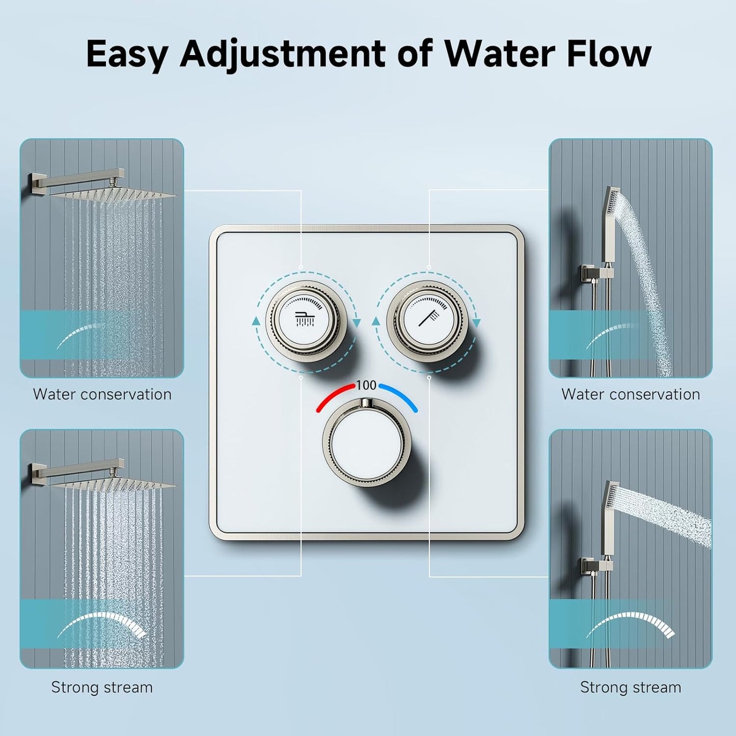 Indulge in Luxury with the 100℉ Thermostatic Shower System - 12" Brushed Nickel Rainfall Shower Head & Handheld Faucet Set with Shower Valve & Trim Kit