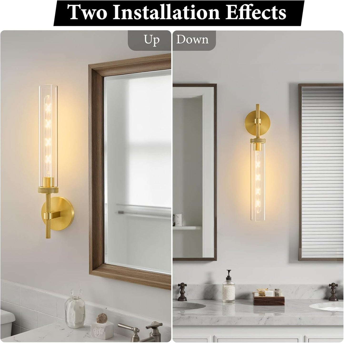 Elevate Your Space with the Brass Knurled Tube Wall Sconce - Set of 2 Luxury Modern Glass Lighting Fixtures for Stylish Indoor Illumination - Perfect for Bathrooms, Bedrooms, Living Rooms, and Hallways