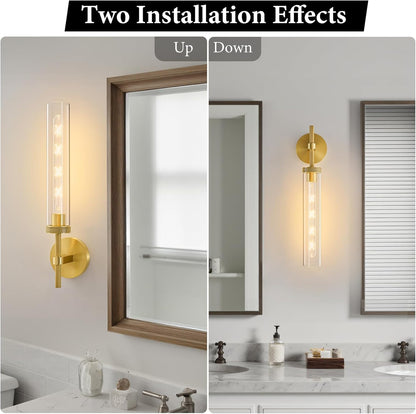 Elevate Your Space with the Brass Knurled Tube Wall Sconce - Set of 2 Luxury Modern Glass Lighting Fixtures for Stylish Indoor Illumination - Perfect for Bathrooms, Bedrooms, Living Rooms, and Hallways