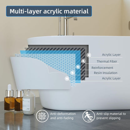 Luxurious 59'' Freestanding Deep Soaking Bathtub - Modern Oval Design with Integrated Overflow Drain, White Acrylic Finish