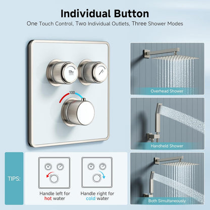 Indulge in Luxury with the 100℉ Thermostatic Shower System - 12" Brushed Nickel Rainfall Shower Head & Handheld Faucet Set with Shower Valve & Trim Kit