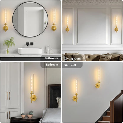 Elevate Your Space with the Brass Knurled Tube Wall Sconce - Set of 2 Luxury Modern Glass Lighting Fixtures for Stylish Indoor Illumination - Perfect for Bathrooms, Bedrooms, Living Rooms, and Hallways