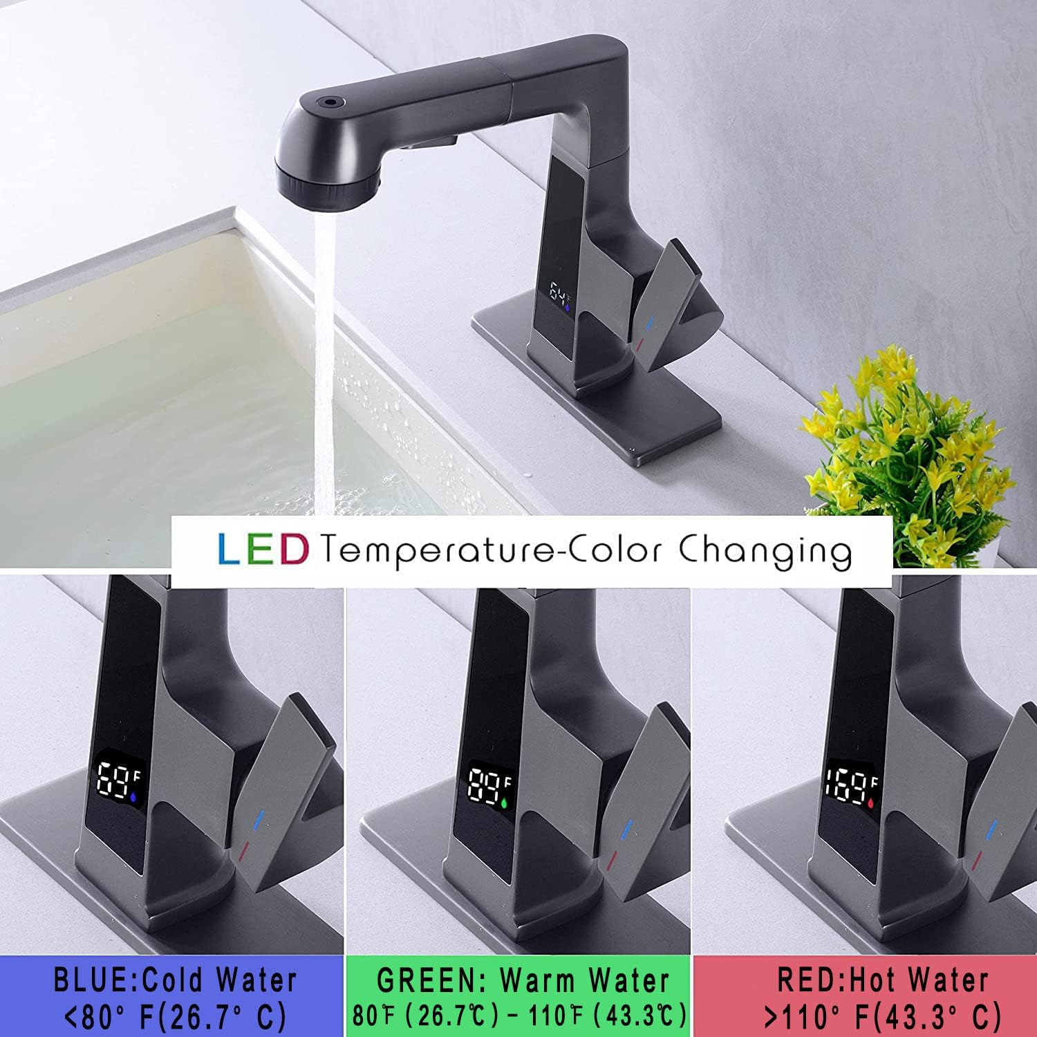Transform Your Bathroom with the Modern LED Bathroom Faucet - Pull Out Sprayer & Temperature Display for Ultimate Convenience