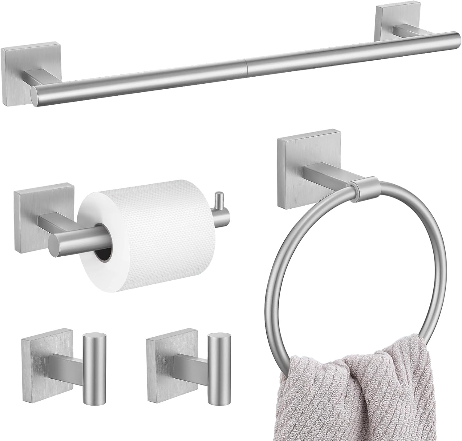 Elevate Your Bathroom with Our 5-Piece Brushed Nickel Towel Bar Set – Complete with Towel Bar, Ring Holder, Toilet Paper Holder, and Hooks!
