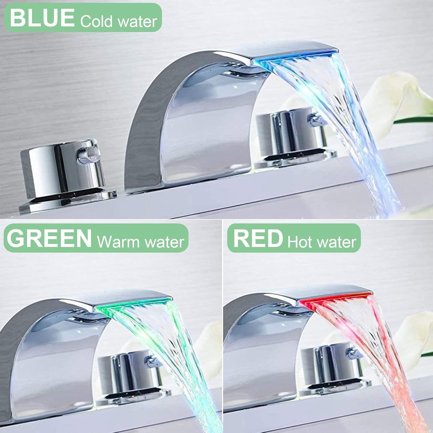 Sleek 8-Inch Widespread Chrome Bathroom Faucet with LED Waterfall, Dual Handles, and Pop-Up Drain Assembly - Perfect for Modern Bathrooms