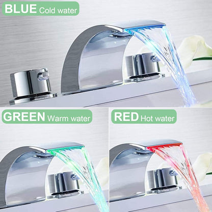 Sleek 8-Inch Widespread Chrome Bathroom Faucet with LED Waterfall, Dual Handles, and Pop-Up Drain Assembly - Perfect for Modern Bathrooms