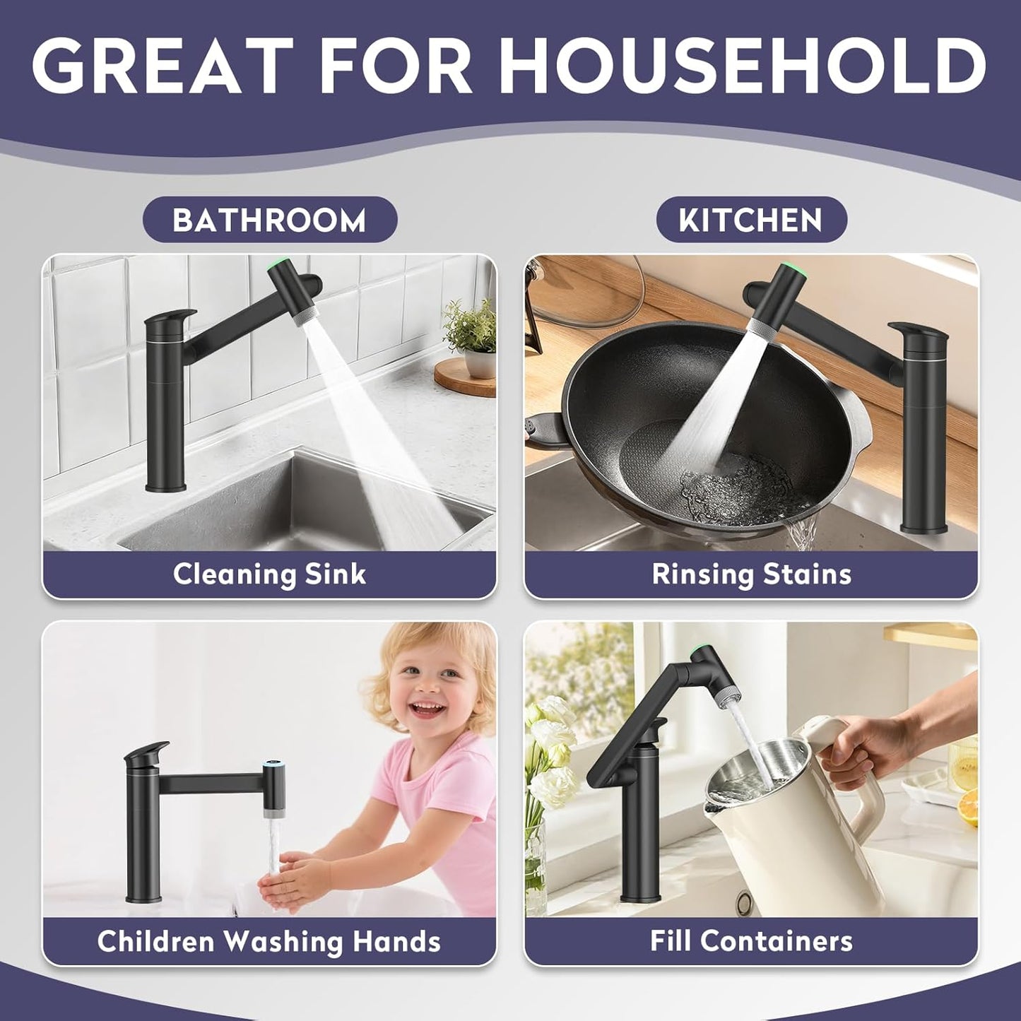 Transform Your Bathroom with the 1080° Rotatable Single Hole Faucet Featuring Real-Time Temperature Display and Adjustable Height - Sleek Black LED Basin Faucet for Ultimate Convenience