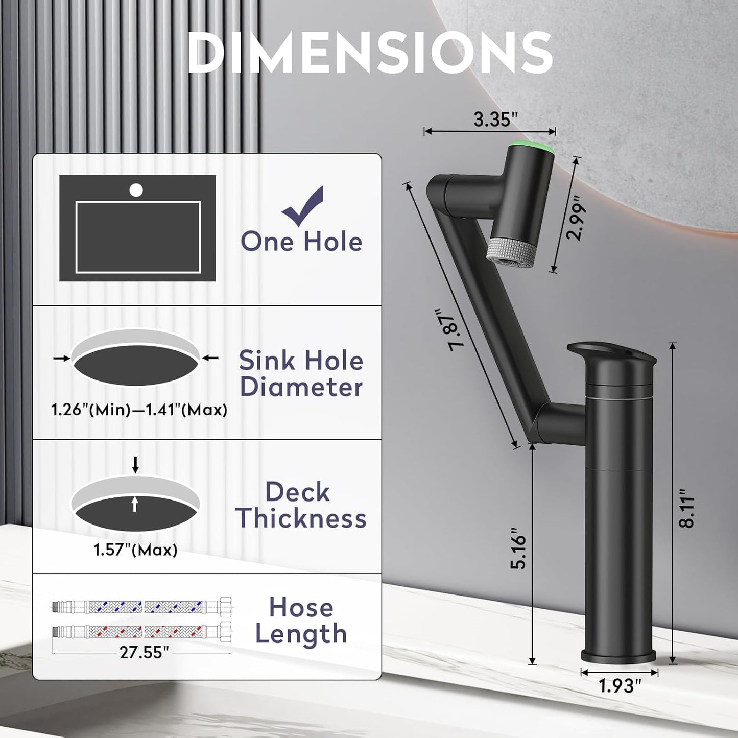 Transform Your Bathroom with the 1080° Rotatable Single Hole Faucet Featuring Real-Time Temperature Display and Adjustable Height - Sleek Black LED Basin Faucet for Ultimate Convenience