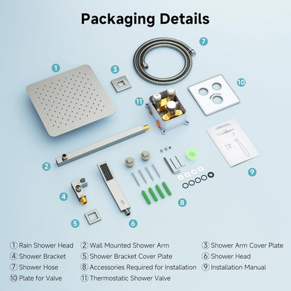 Indulge in Luxury with the 100℉ Thermostatic Shower System - 12" Brushed Nickel Rainfall Shower Head & Handheld Faucet Set with Shower Valve & Trim Kit