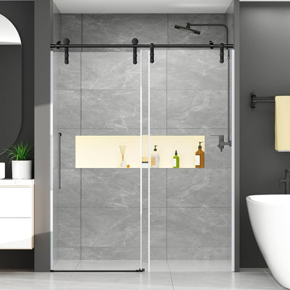 Elevate Your Shower Experience with the Modern 60" W x 76" H Frameless Sliding Shower Door - Sleek Black Design with Durable Tempered Glass and Stainless Steel Hardware