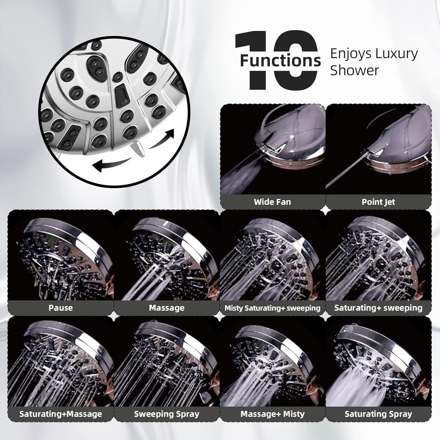 Transform Your Shower Experience with the 10 Functions High Pressure Handheld Shower Head - Featuring Built-In Pause Mode & Dual Power Wash Options, Complete with a Durable 6.5Ft Leakproof Hose & Metal Bracket