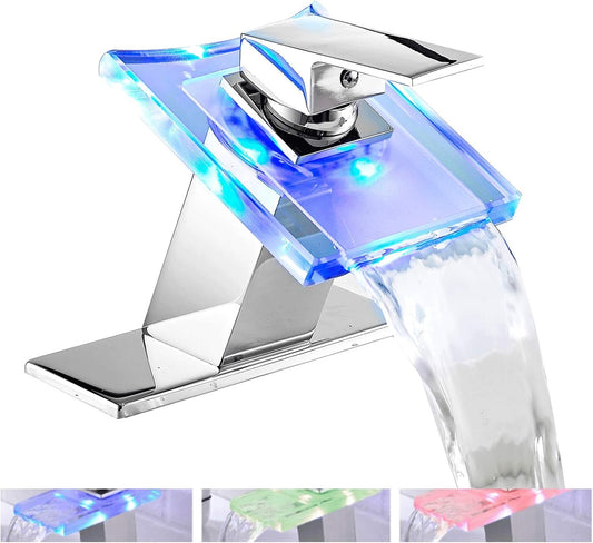Transform Your Bathroom with the Stunning LED Light Waterfall Faucet - 3 Color Changing Spout for Hot and Cold Water Mixing, Single Handle Design, Chrome Finish, and Easy Installation!