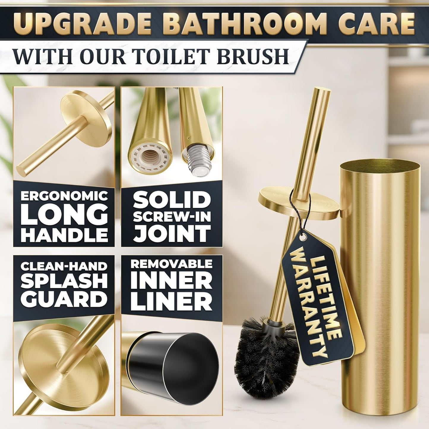 Elevate Your Bathroom with Our Luxurious Gold Toilet Brush and Holder Set - Durable Stainless Steel Design with Replaceable Head and Splash Protection