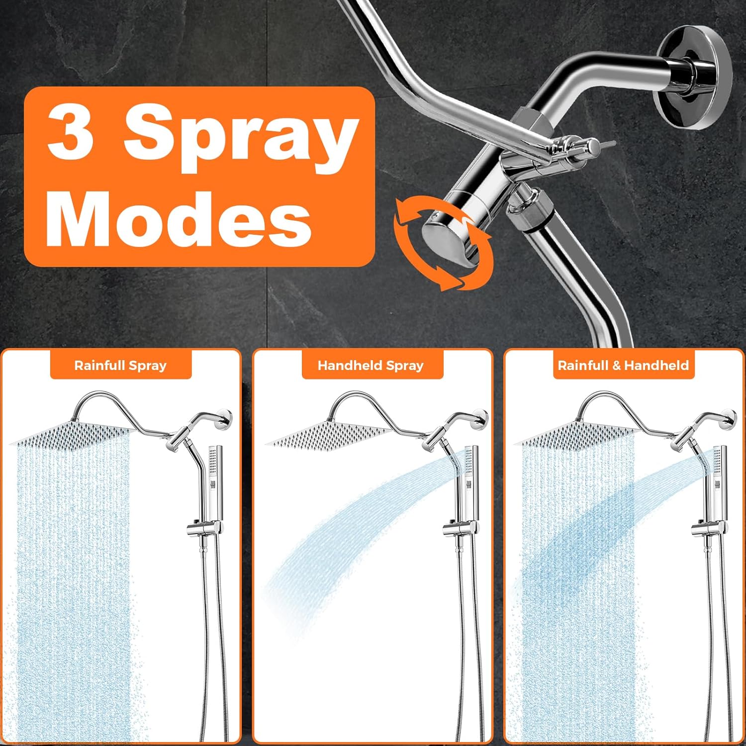 Transform Your Shower Experience with the 12" Rain Shower Head and Handheld Spray Combo - High Pressure Rectangular Showerheads with Adjustable Extension Arm and Slide Bar in Polished Chrome