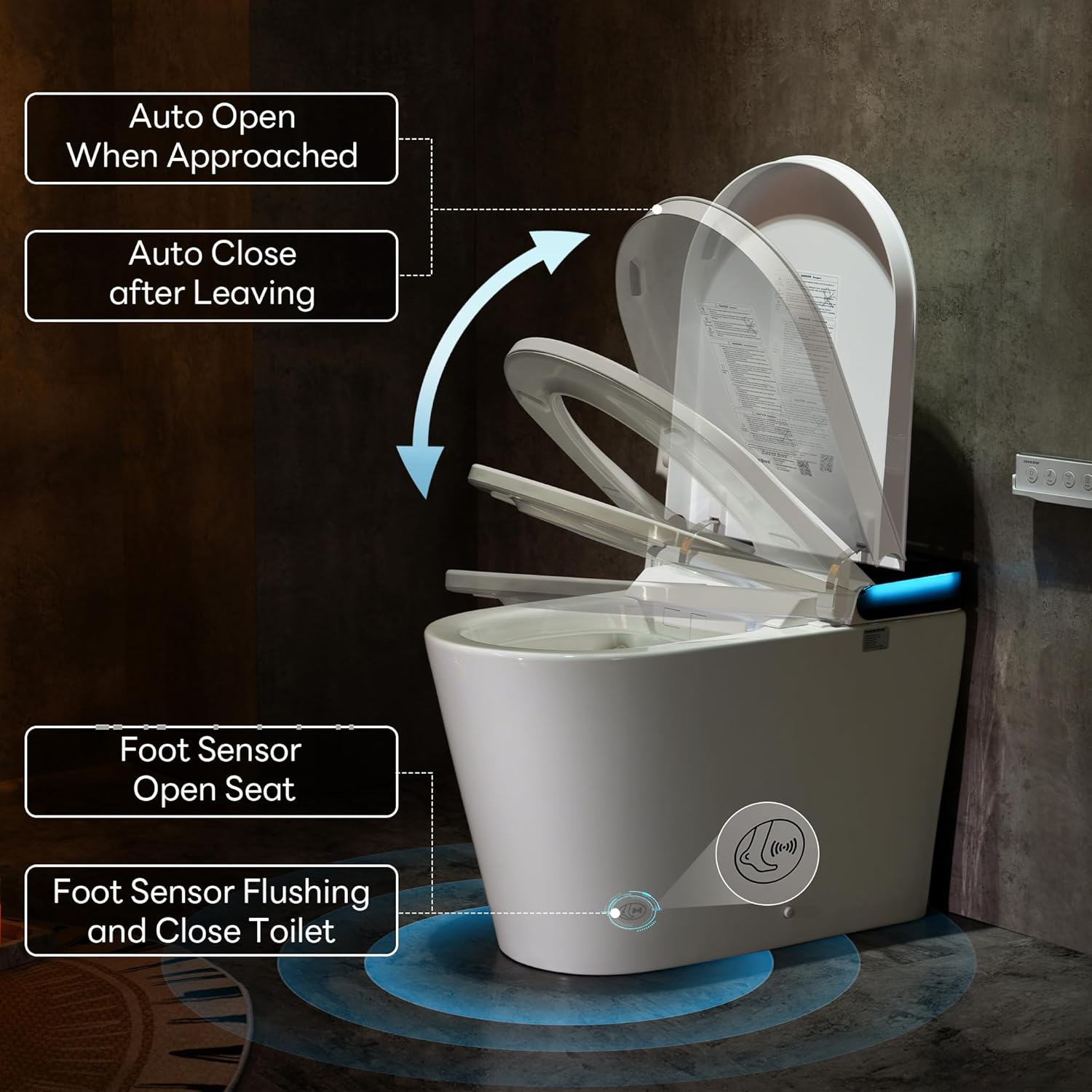 Revolutionary Smart Toilet with Built-In Bidet: Auto Open/Close, Foot Sensor, 1000g MaP Flushing Power, ADA Comfort Height, and Ambient Lighting for Ultimate Comfort and Hygiene