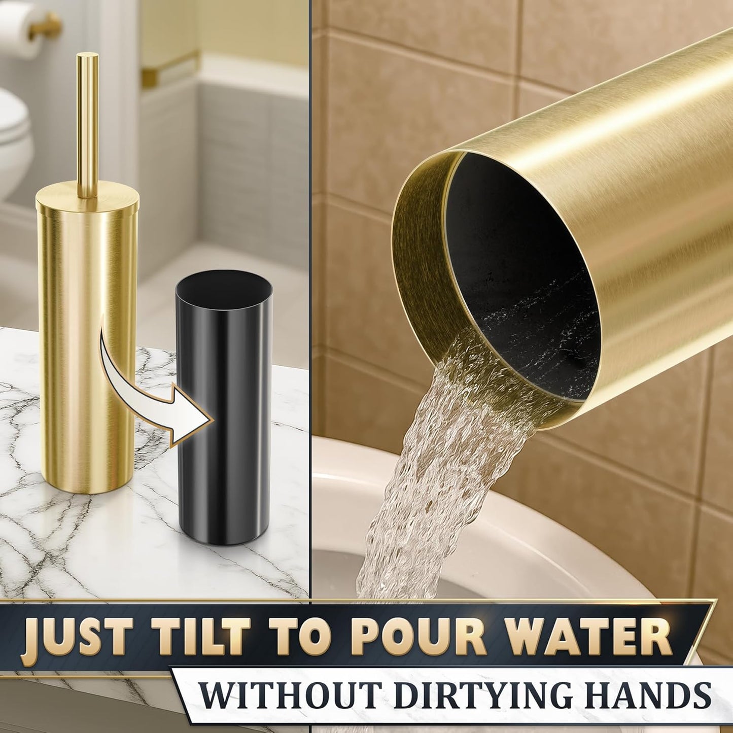 Elevate Your Bathroom with Our Luxurious Gold Toilet Brush and Holder Set - Durable Stainless Steel Design with Replaceable Head and Splash Protection