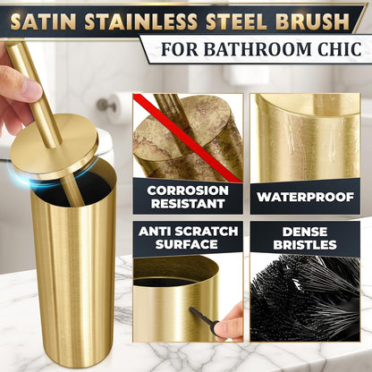 Elevate Your Bathroom with Our Luxurious Gold Toilet Brush and Holder Set - Durable Stainless Steel Design with Replaceable Head and Splash Protection