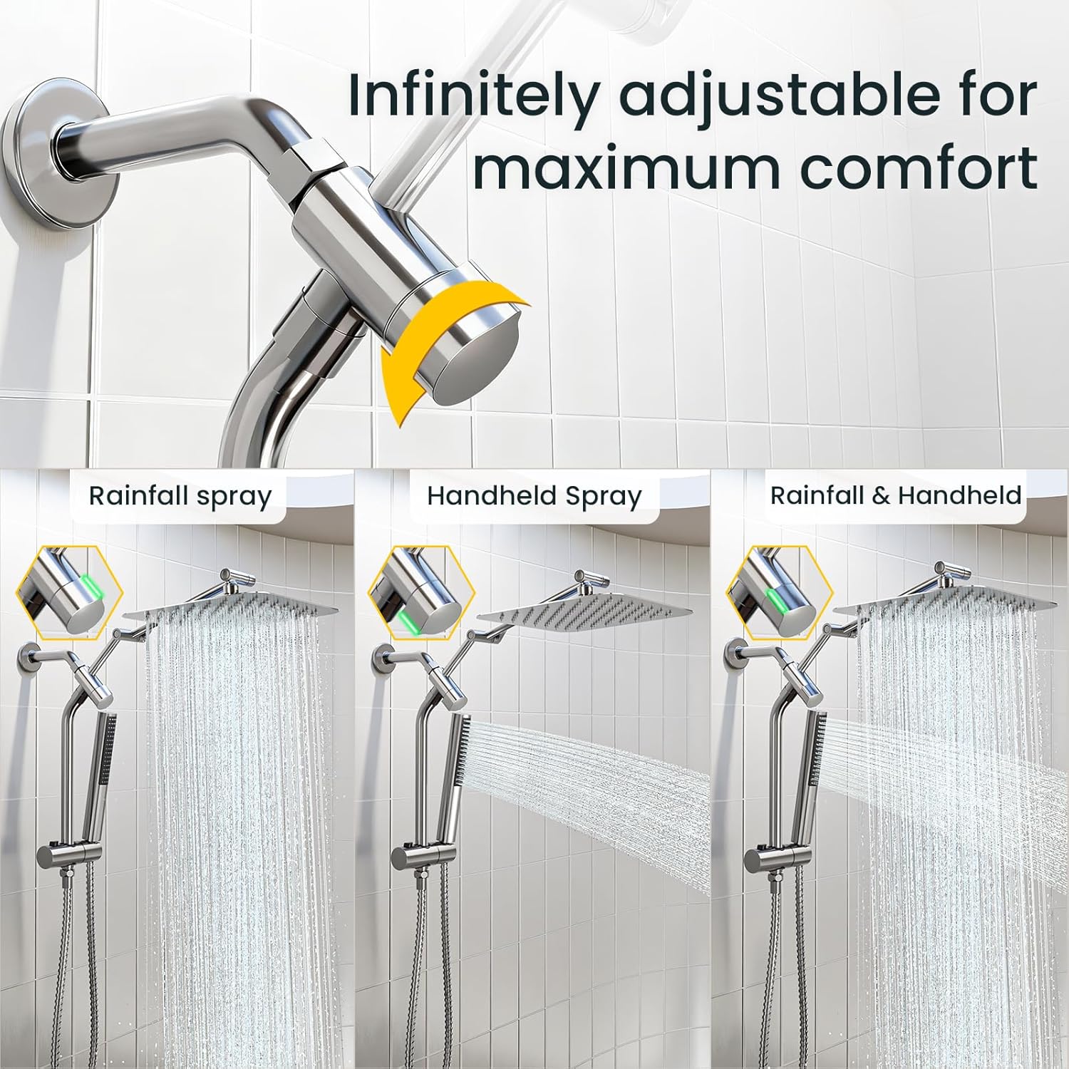 Indulge in Luxury with Our 10" All Metal Rain Shower Head & Handheld Combo – High Pressure, Adjustable Height, Chrome Finish for a Spa-like Experience at Home