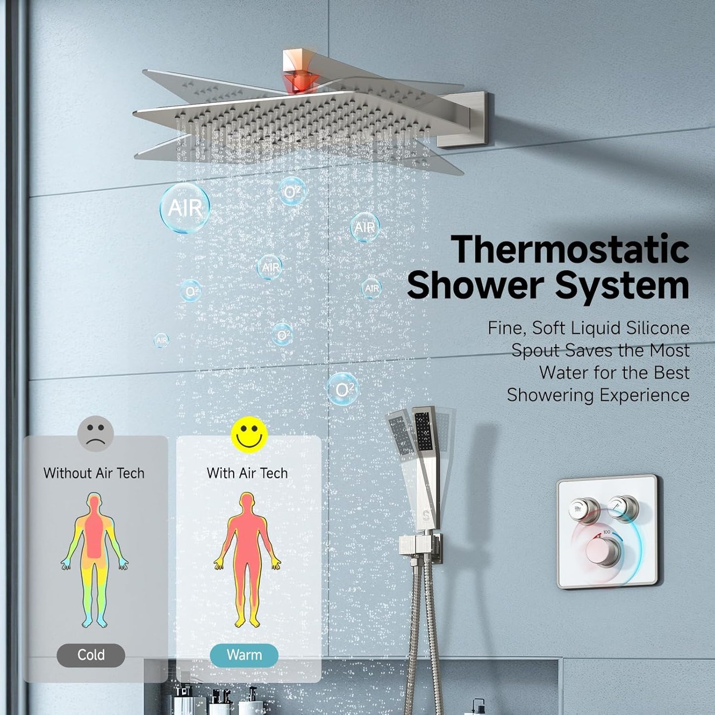 Indulge in Luxury with the 100℉ Thermostatic Shower System - 12" Brushed Nickel Rainfall Shower Head & Handheld Faucet Set with Shower Valve & Trim Kit