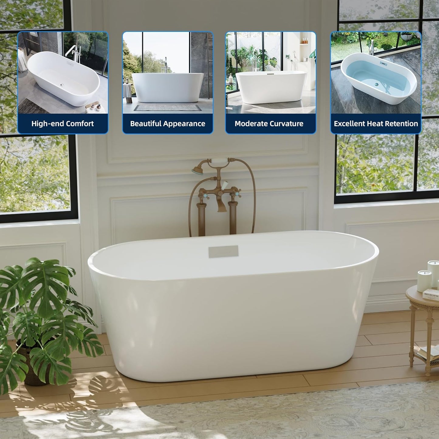 Luxurious 59'' Freestanding Deep Soaking Bathtub - Modern Oval Design with Integrated Overflow Drain, White Acrylic Finish