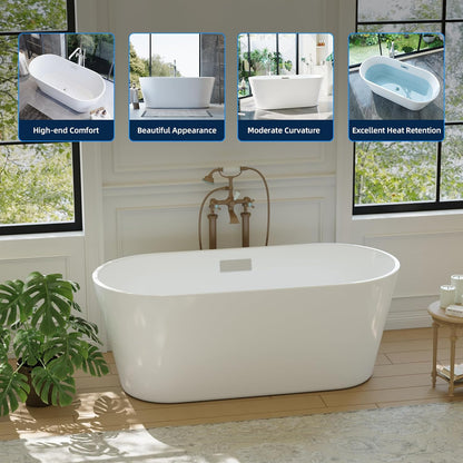 Luxurious 59'' Freestanding Deep Soaking Bathtub - Modern Oval Design with Integrated Overflow Drain, White Acrylic Finish