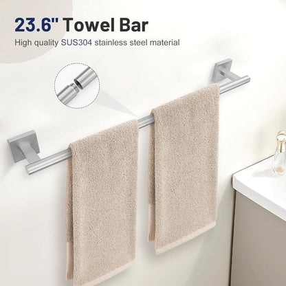 Elevate Your Bathroom with Our 5-Piece Brushed Nickel Towel Bar Set – Complete with Towel Bar, Ring Holder, Toilet Paper Holder, and Hooks!