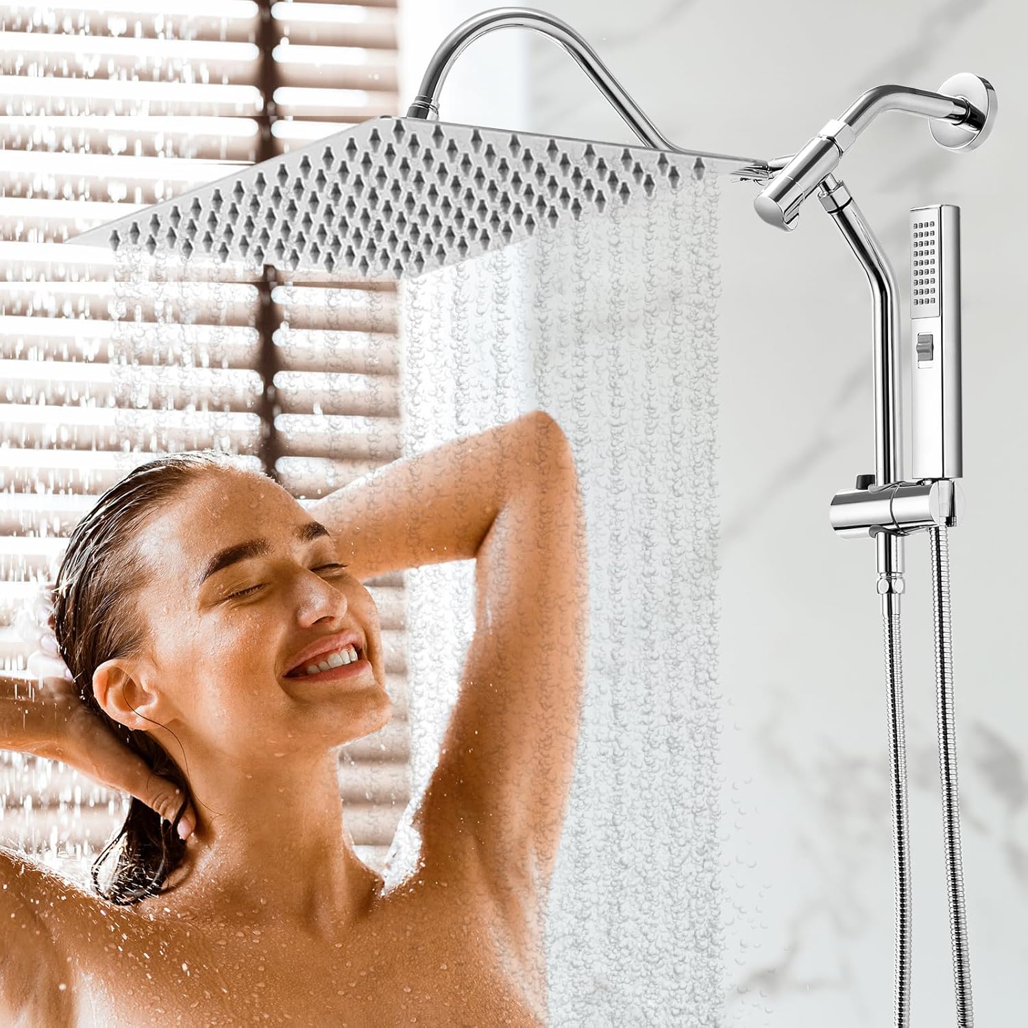 Transform Your Shower Experience with the 12" Rain Shower Head and Handheld Spray Combo - High Pressure Rectangular Showerheads with Adjustable Extension Arm and Slide Bar in Polished Chrome
