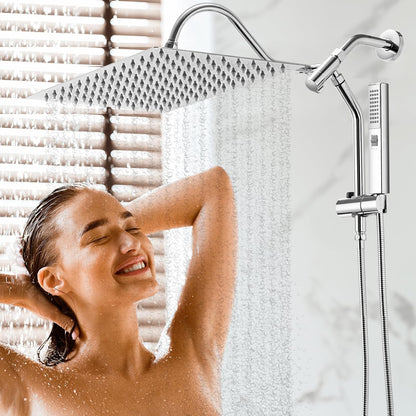 Transform Your Shower Experience with the 12" Rain Shower Head and Handheld Spray Combo - High Pressure Rectangular Showerheads with Adjustable Extension Arm and Slide Bar in Polished Chrome