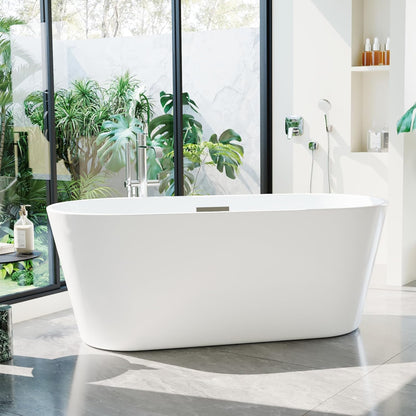 Luxurious 59'' Freestanding Deep Soaking Bathtub - Modern Oval Design with Integrated Overflow Drain, White Acrylic Finish