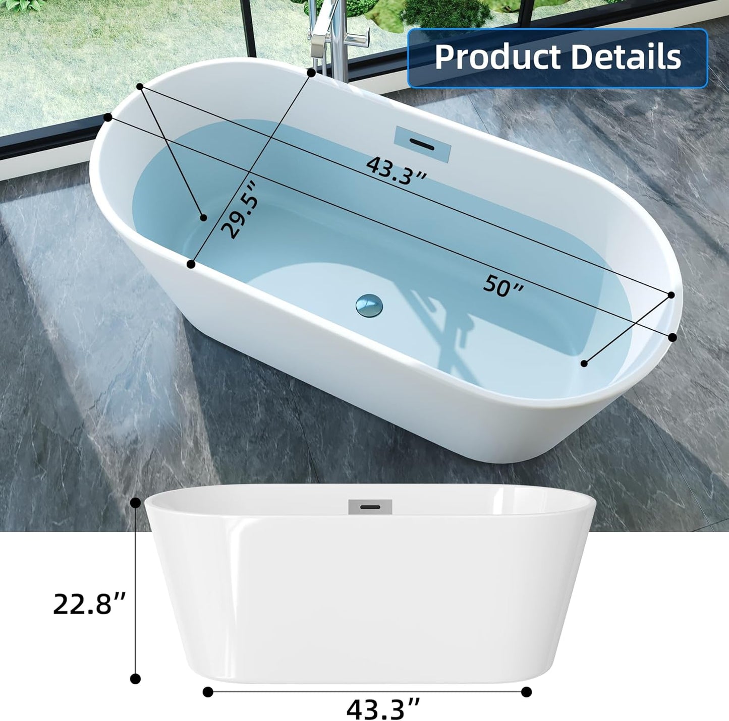 Luxurious 59'' Freestanding Deep Soaking Bathtub - Modern Oval Design with Integrated Overflow Drain, White Acrylic Finish
