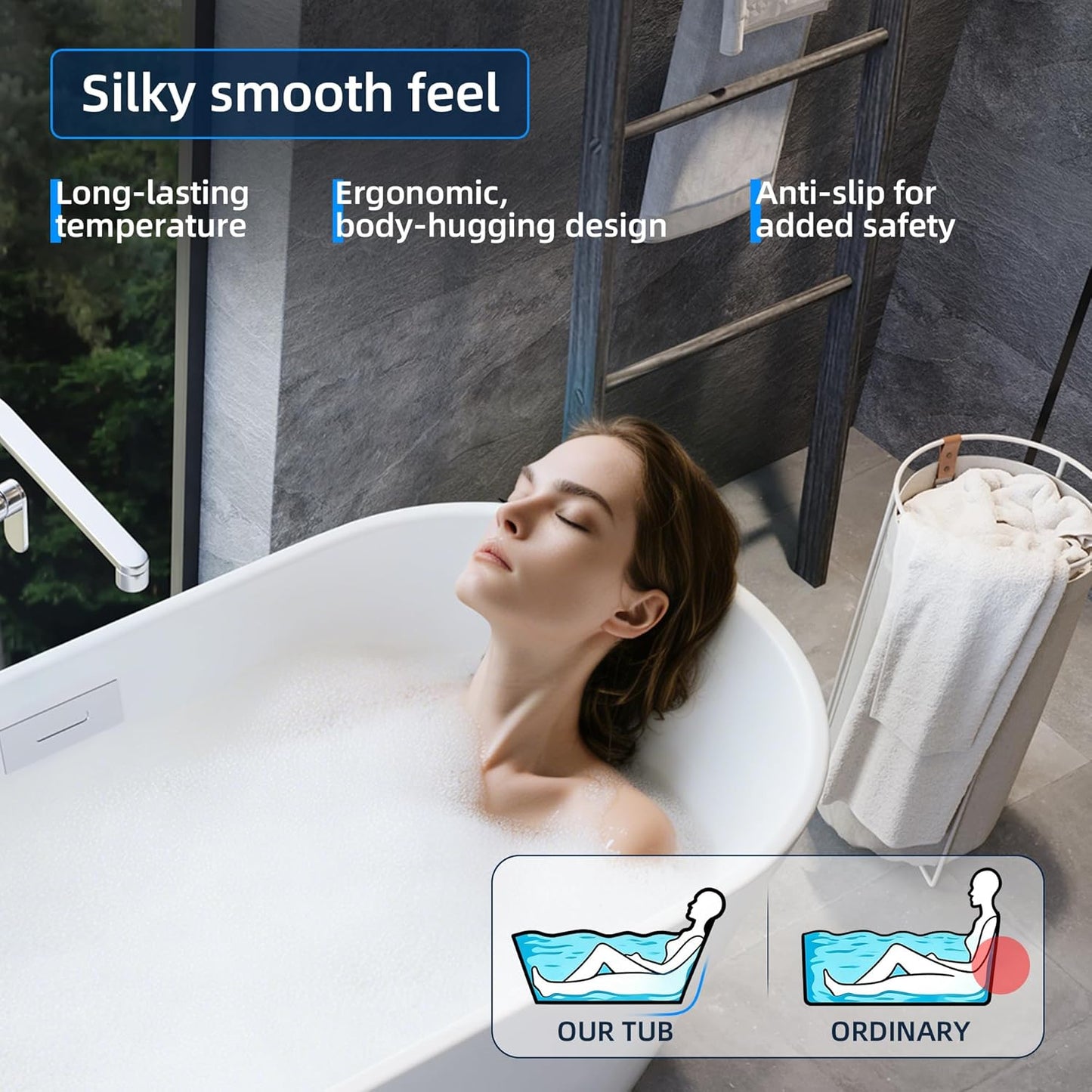 Luxurious 59'' Freestanding Deep Soaking Bathtub - Modern Oval Design with Integrated Overflow Drain, White Acrylic Finish