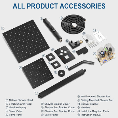Elevate Your Shower Experience with the Matte Black 10" & 6" Ceiling Mount Shower System - Complete with Handheld Spray and Push Button Diverter