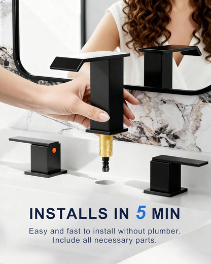 SREEZNX Matte Black Waterfall Bathroom Faucet - Modern 3-Hole Widespread Design with Pop-Up Drain for Stylish Vanities