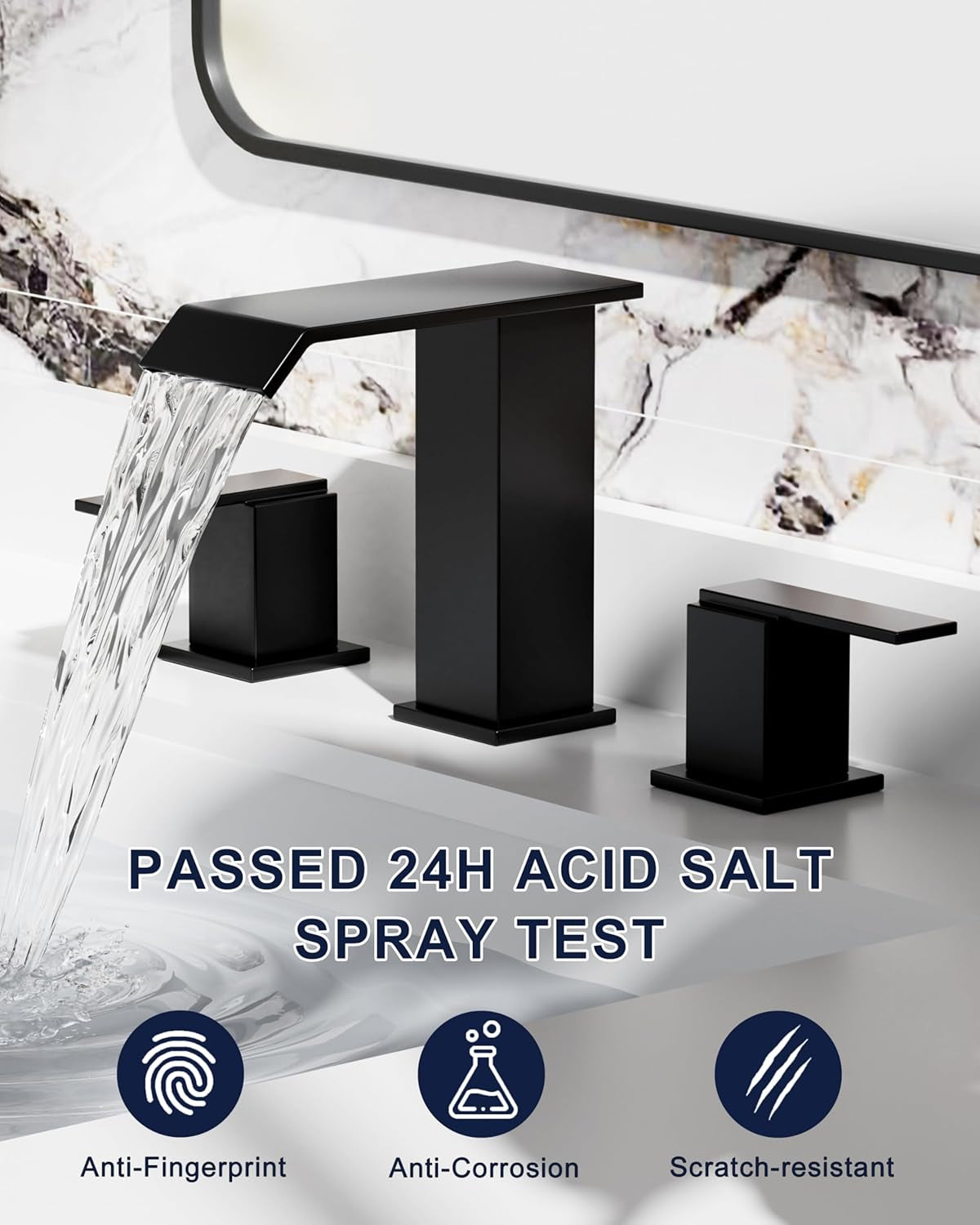 SREEZNX Matte Black Waterfall Bathroom Faucet - Modern 3-Hole Widespread Design with Pop-Up Drain for Stylish Vanities