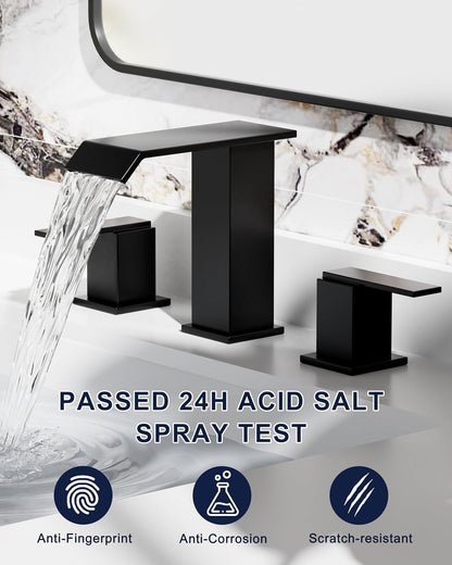 SREEZNX Matte Black Waterfall Bathroom Faucet - Modern 3-Hole Widespread Design with Pop-Up Drain for Stylish Vanities