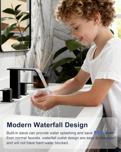 SREEZNX Matte Black Waterfall Bathroom Faucet - Modern 3-Hole Widespread Design with Pop-Up Drain for Stylish Vanities